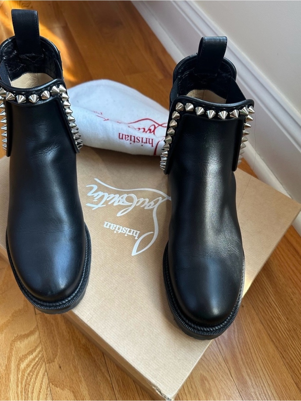 Christian Louboutin Black Leather Spike-Trim Ankle Booties
